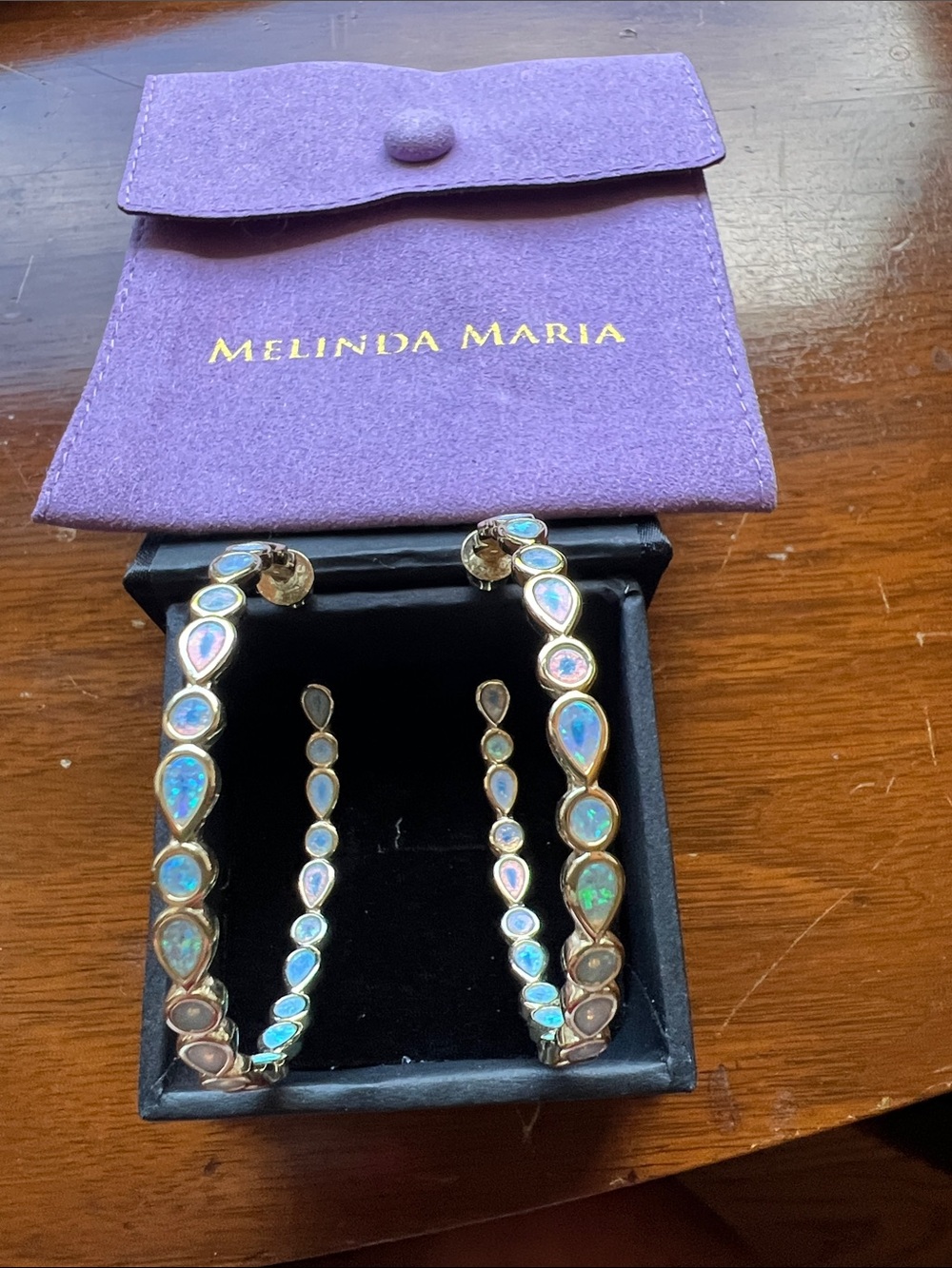 Melinda Maria Gold Hoop Earrings with Iridescent Blue Opal Inlay